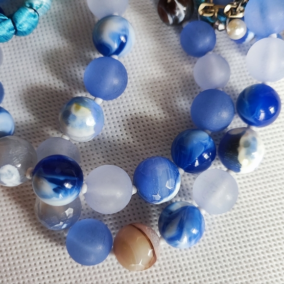 5 Strand Blue Acrylic Bauble Stone Rhinestone & Fabric Beaded Unsigned Necklace - Picture 8 of 12